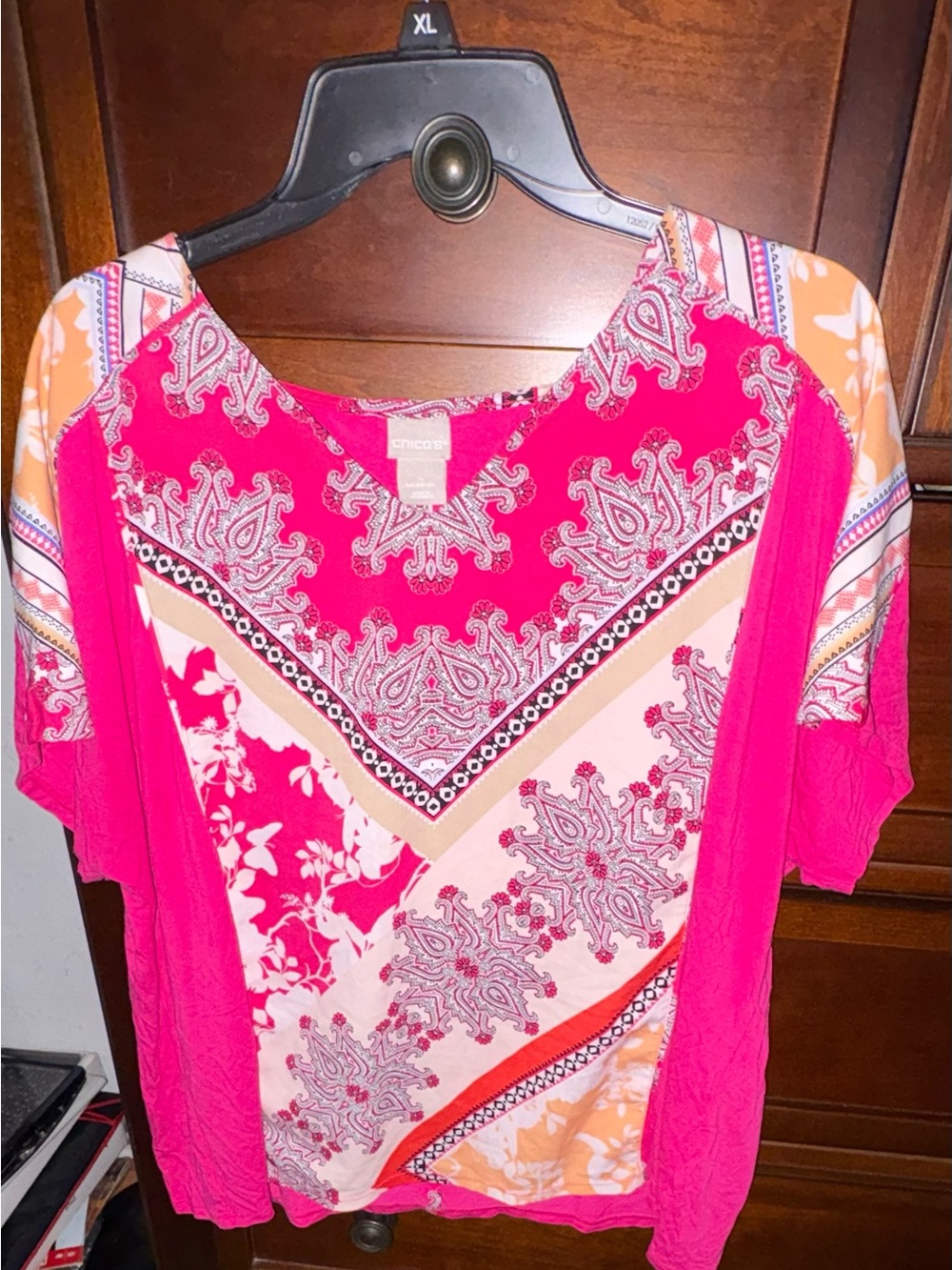 Chico's Hot Pink Paisley V-Neck Blouse